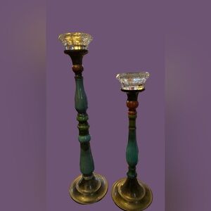 Vintage KNaught Treasures Metal & Glass Canlesticks- Set of 2